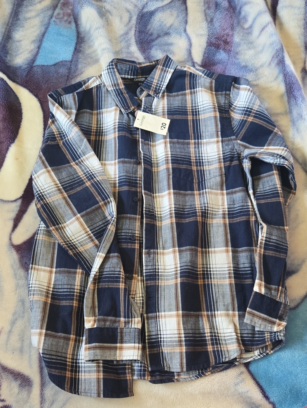 George Navy, White & Tan Plaid Button-Down Shirt